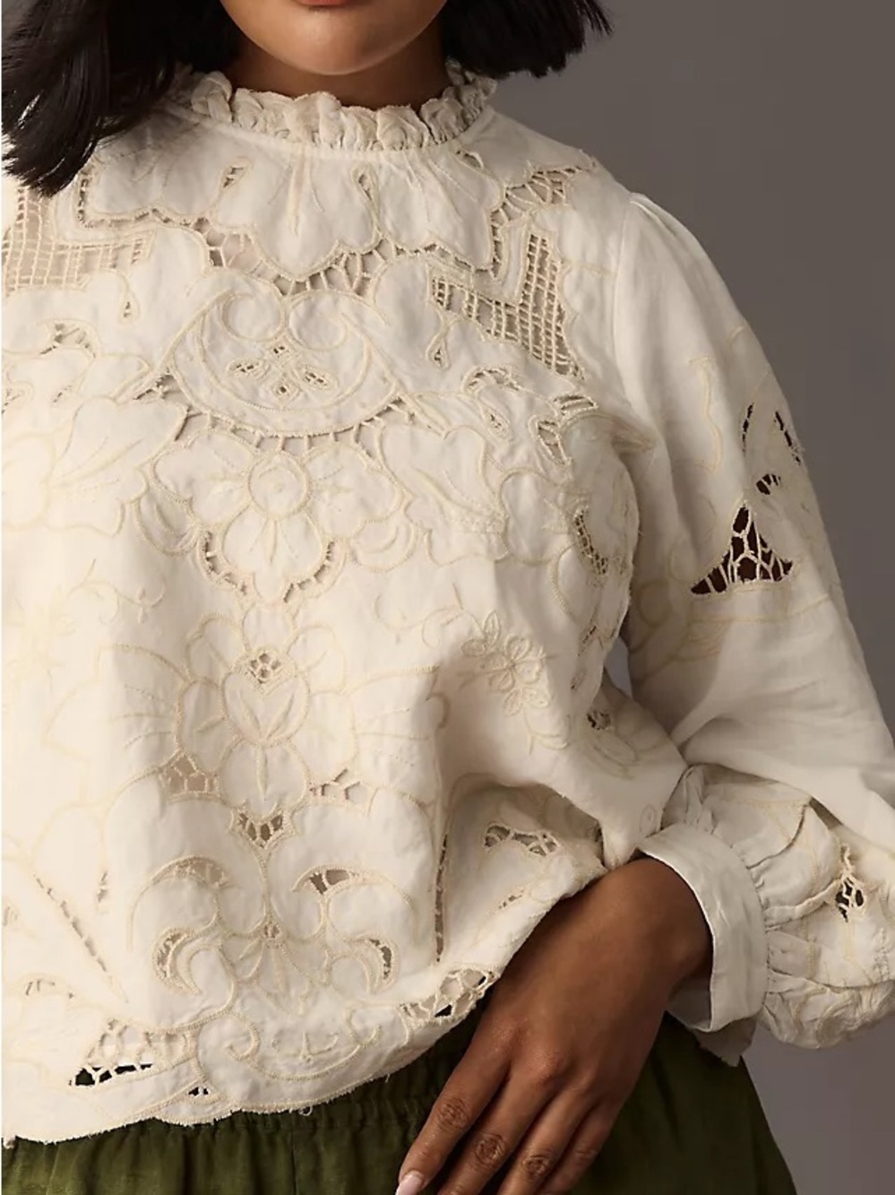 NWT Anthropologie Lainie Long Sleeve Lace Cutwork Blouse Ivory XL - Picture 2 of 16